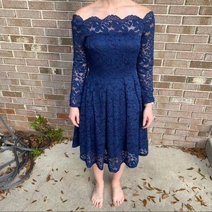 Navy blue, tea length, lace off the shoulder dress